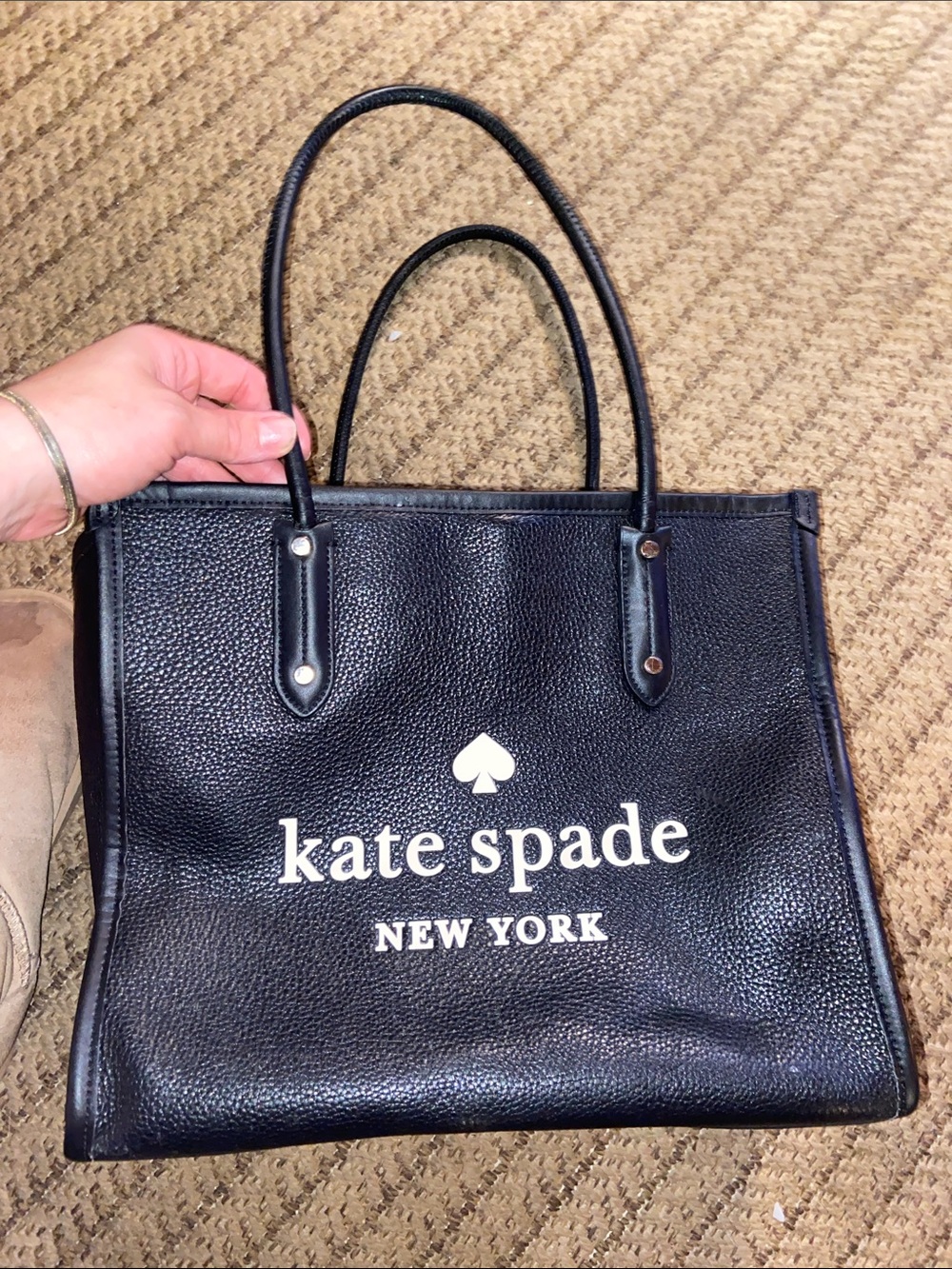 kate spade Black Pebbled Leather Logo Tote with White Print - Picture 7 of 7
